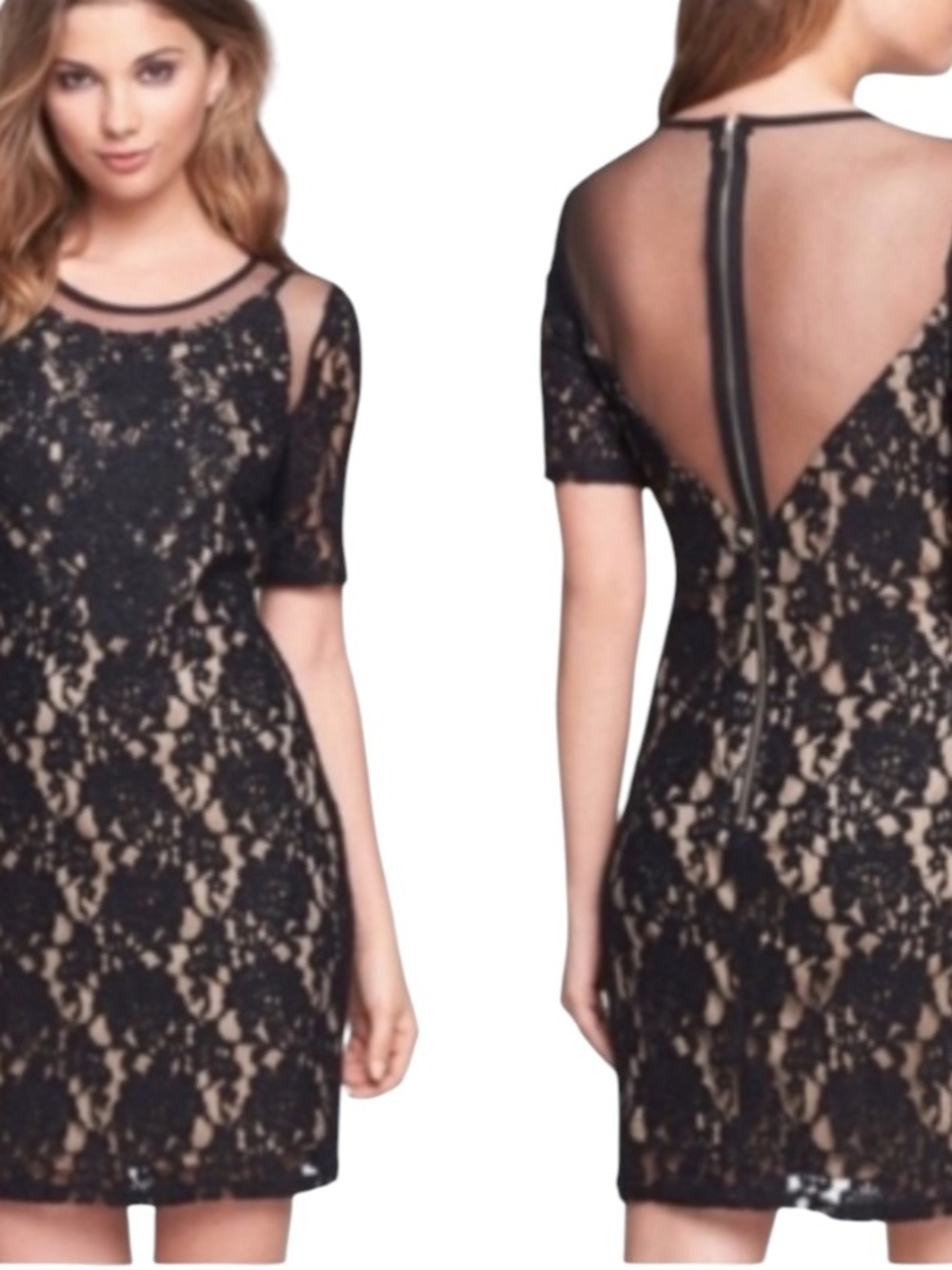 ASTR The Label Black & Nude Whimsigoth Romantic Lace Sheer Back Mini Dress Sz S